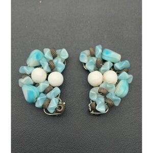Vintage Light Blue And White Cluster Beaded Ear Climber Clip On Earrings